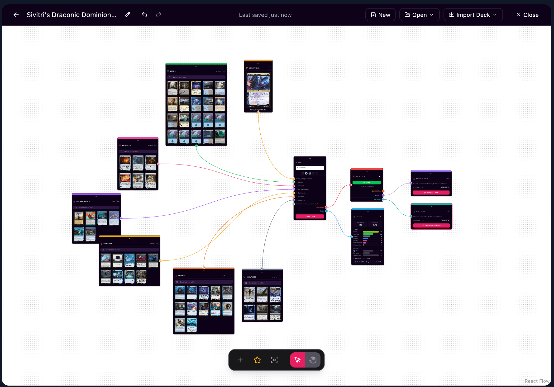 DeckNode Builder canvas showing a visual deck layout with connected nodes