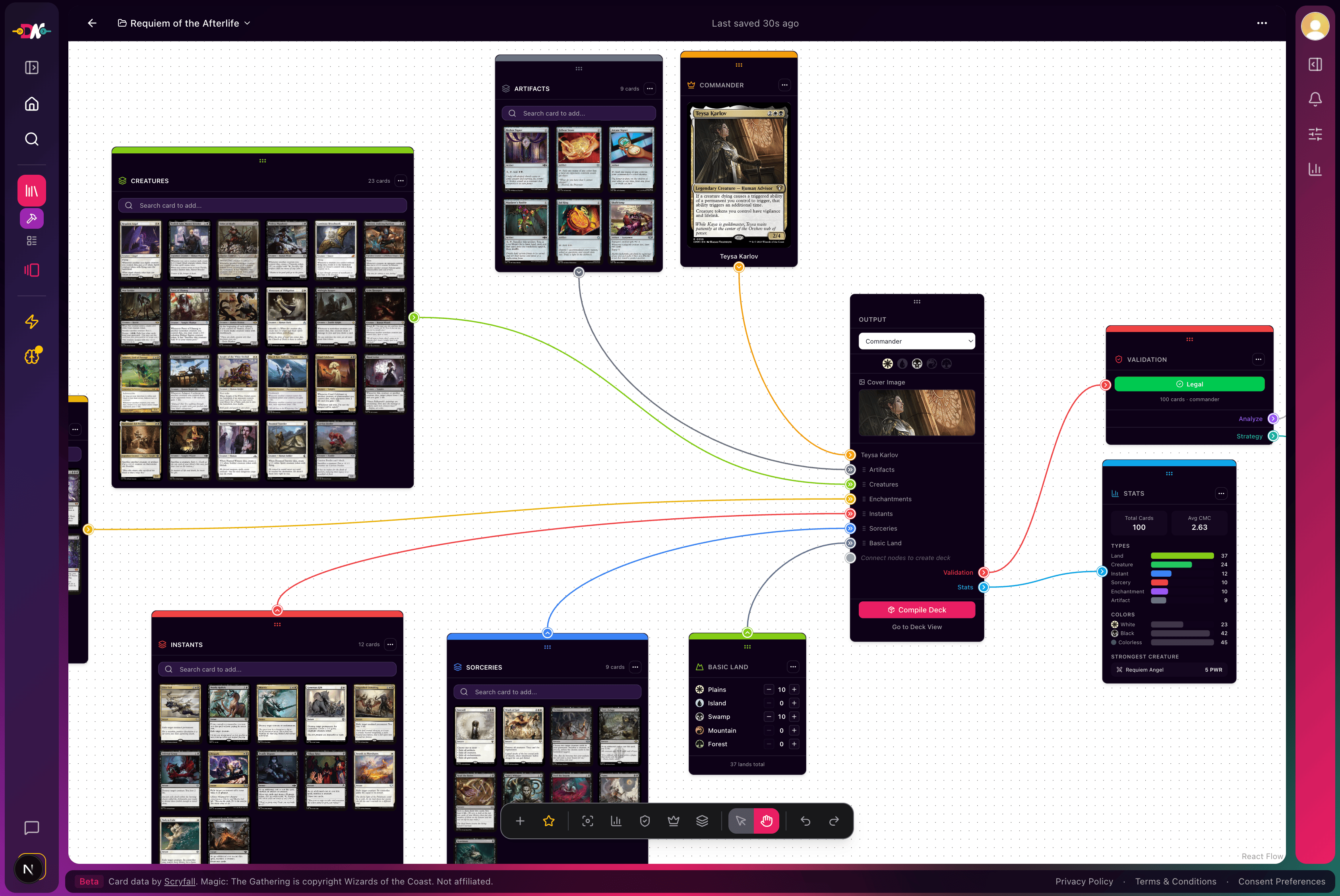 The DeckNodes canvas, with nodes of cards wired into a deck's output