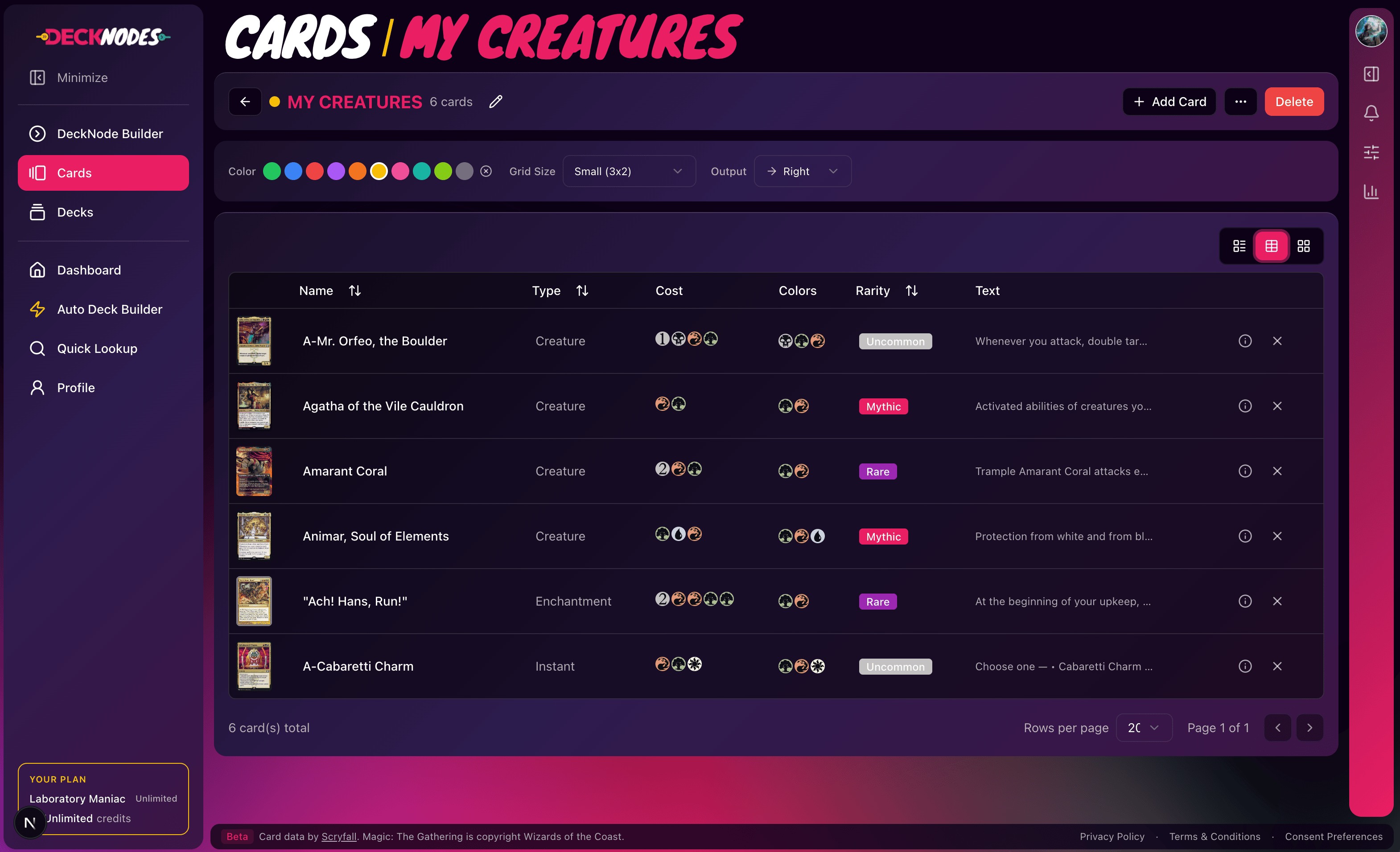 Cards page showing organized card groups with search and import options