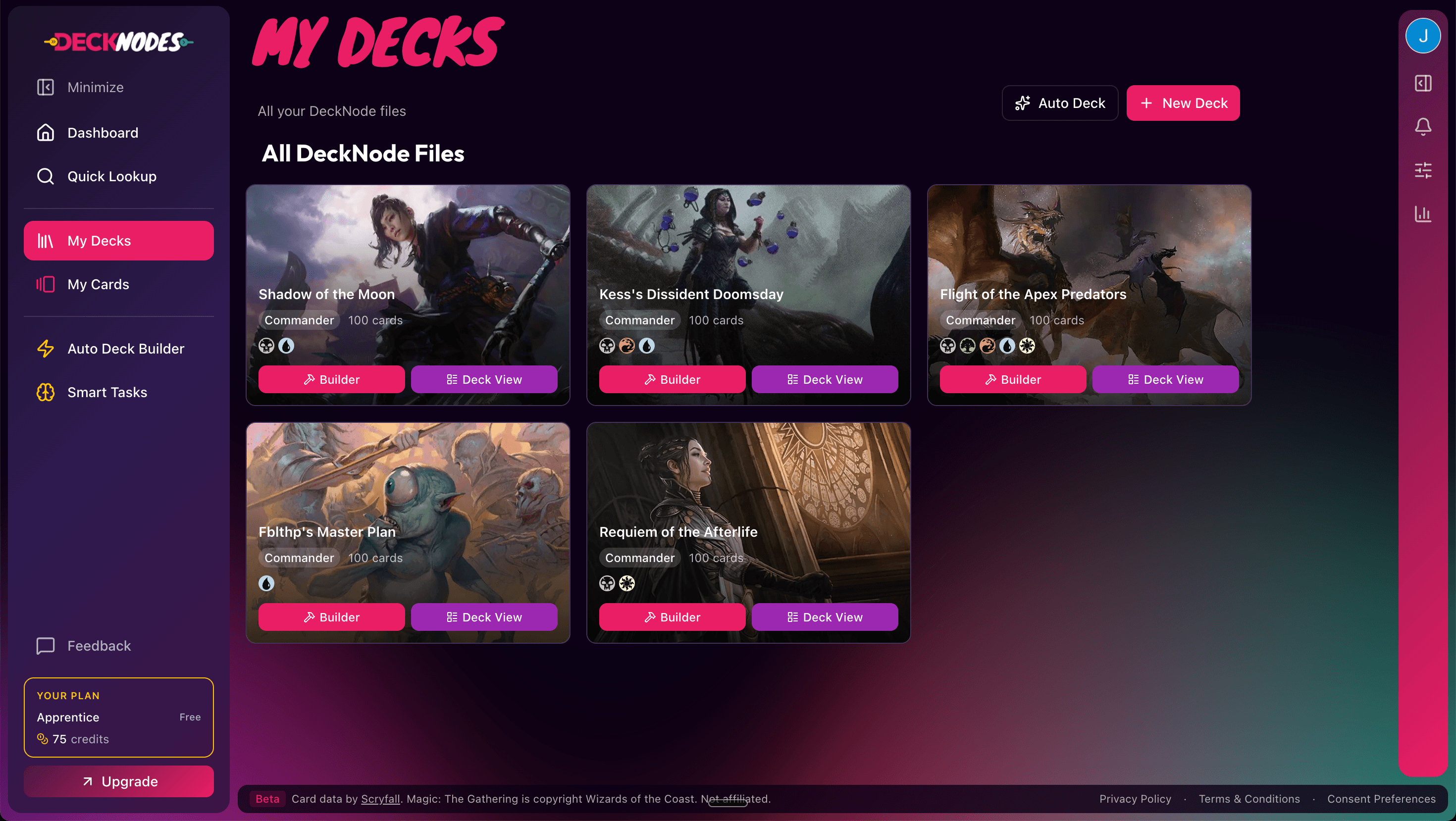 App screenshot showing deck management
